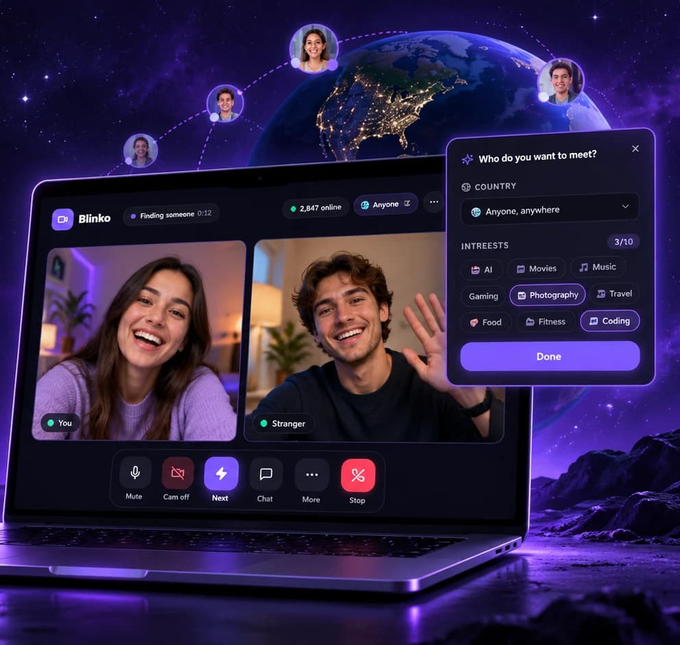 Blinko on a laptop: a live video call between You and a Stranger, with the Who do you want to meet? filter