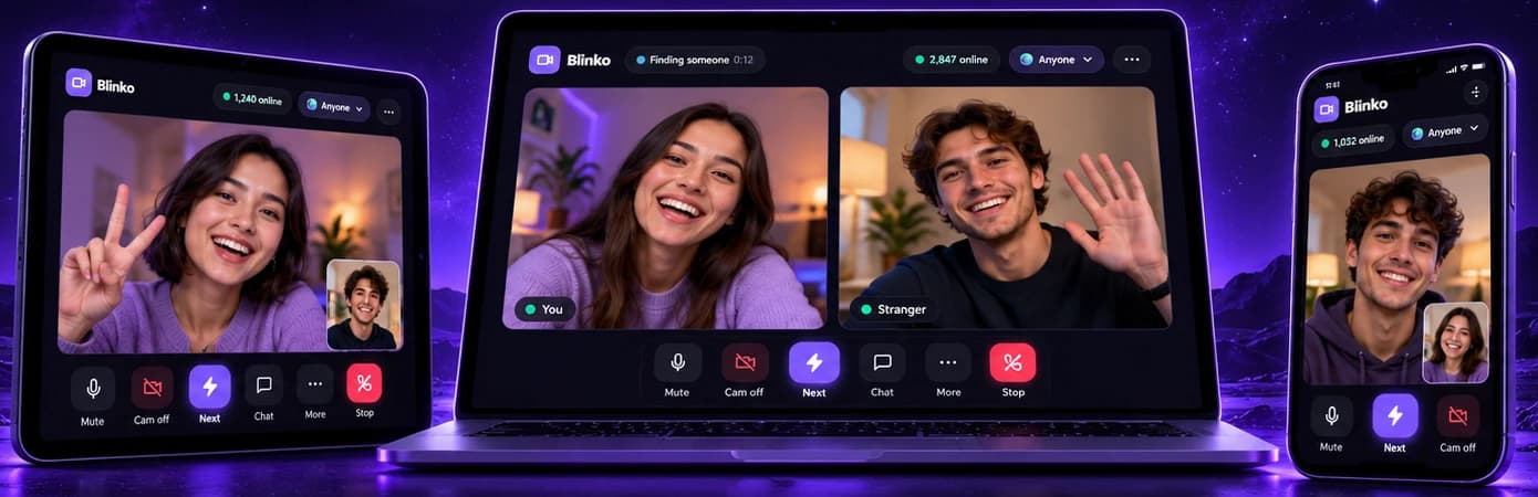 Blinko running on a tablet, a laptop and a phone, each showing a live video chat