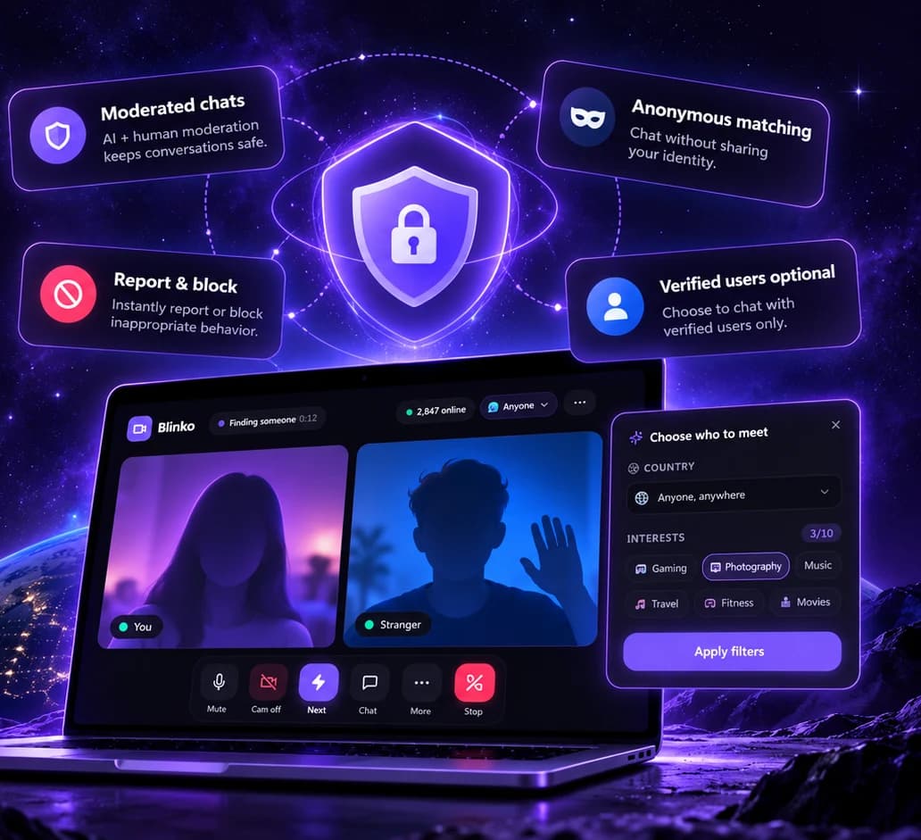 A glowing shield above Blinko on a laptop, beside the Choose who to meet filter