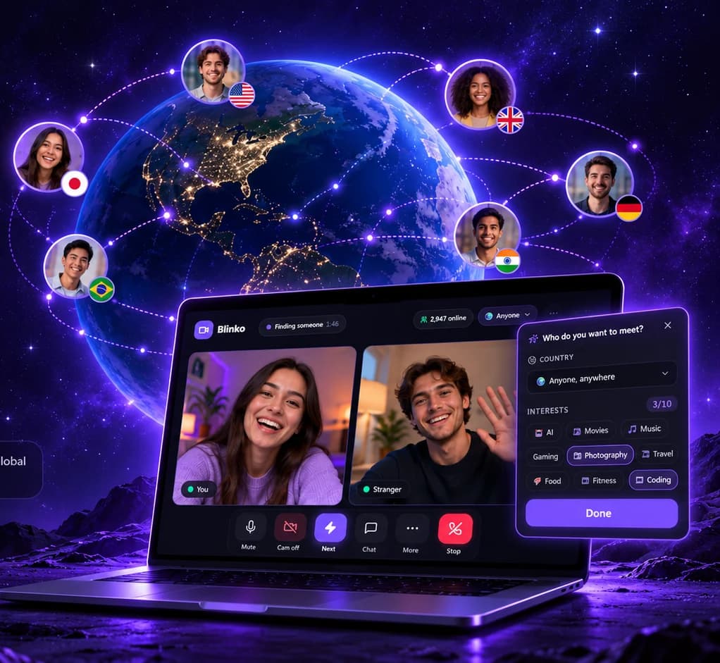 A globe with people from the US, UK, Germany, India, Brazil and Japan connected to Blinko on a laptop