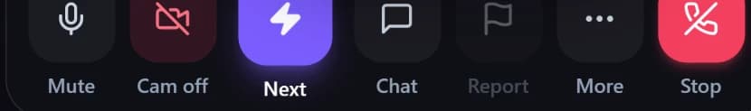 Call controls: Mute, Cam off, Next, Chat, Report, More and Stop