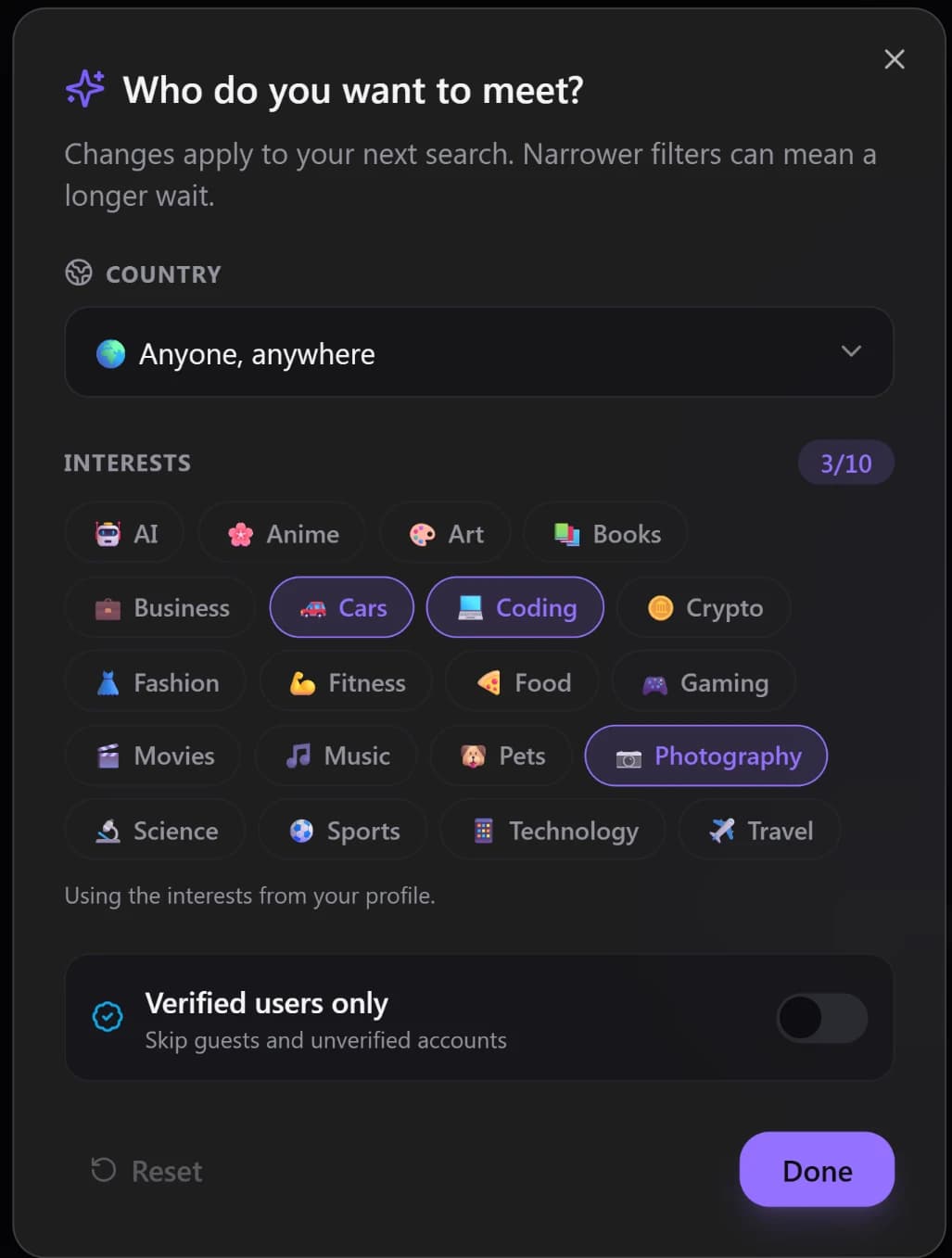 Who do you want to meet? filter with a country picker set to Anyone, anywhere, 20 interests to choose from, and a Verified users only switch