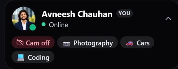 Profile card for Avneesh Chauhan, online, with Cam off and interests Photography, Cars and Coding