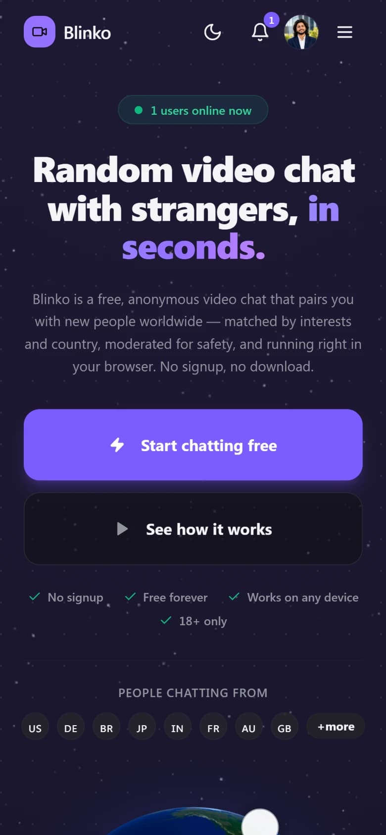 Blinko on mobile: Random video chat with strangers, in seconds, with Start chatting free and See how it works buttons
